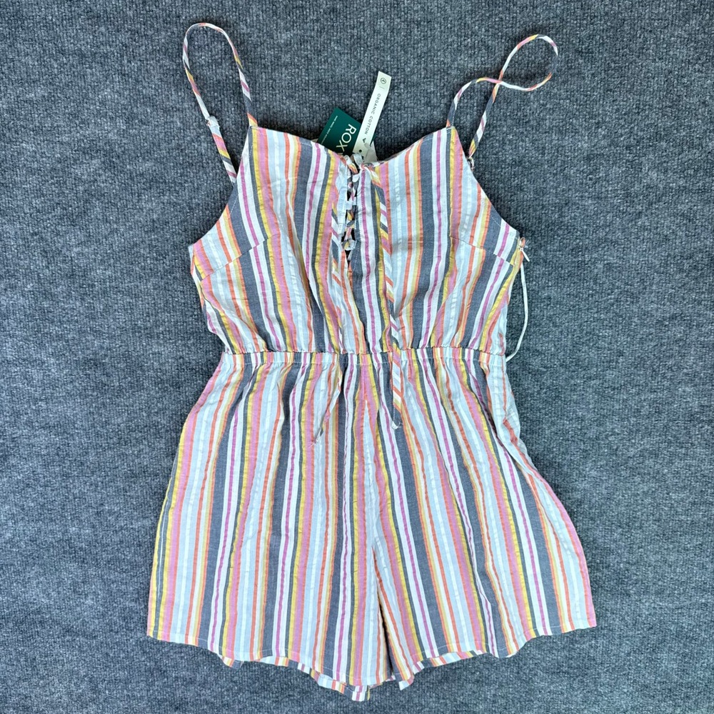 NWT Roxy‎ Womens Endless Love Striped Organic Cotton Romper Lace Up Front Size M